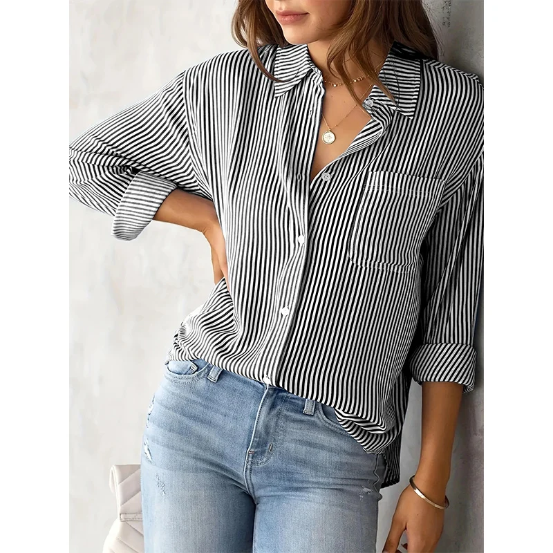 Spring Summer Polo-neck Striped Printed Blouse Female Long Sleeve Loose Casual Fashion All-match Top Women Vintage Elegant Shirt