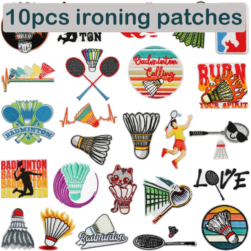 10pcs Badminton Iron On Patches Shuttlecock Racket Sports Embroidery Sew On Applique for Jacket Bag Jeans Hat Clothing DIY Decor