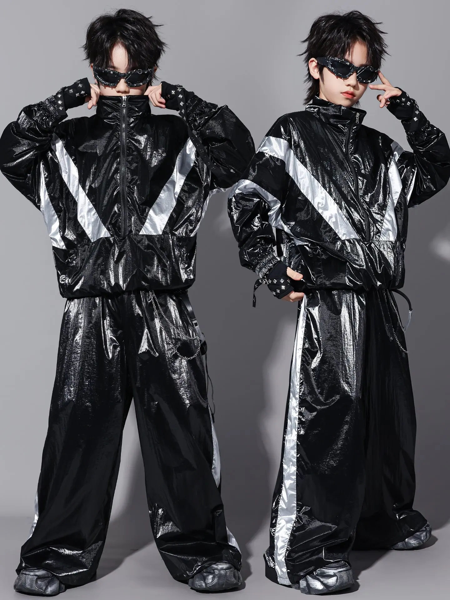 

New Hip Hop Dance Costume Boys Glossy Black Suit Long Sleeves Coat Pants Girls Cool Jazz Kpop Performance Costume Stage Clothing