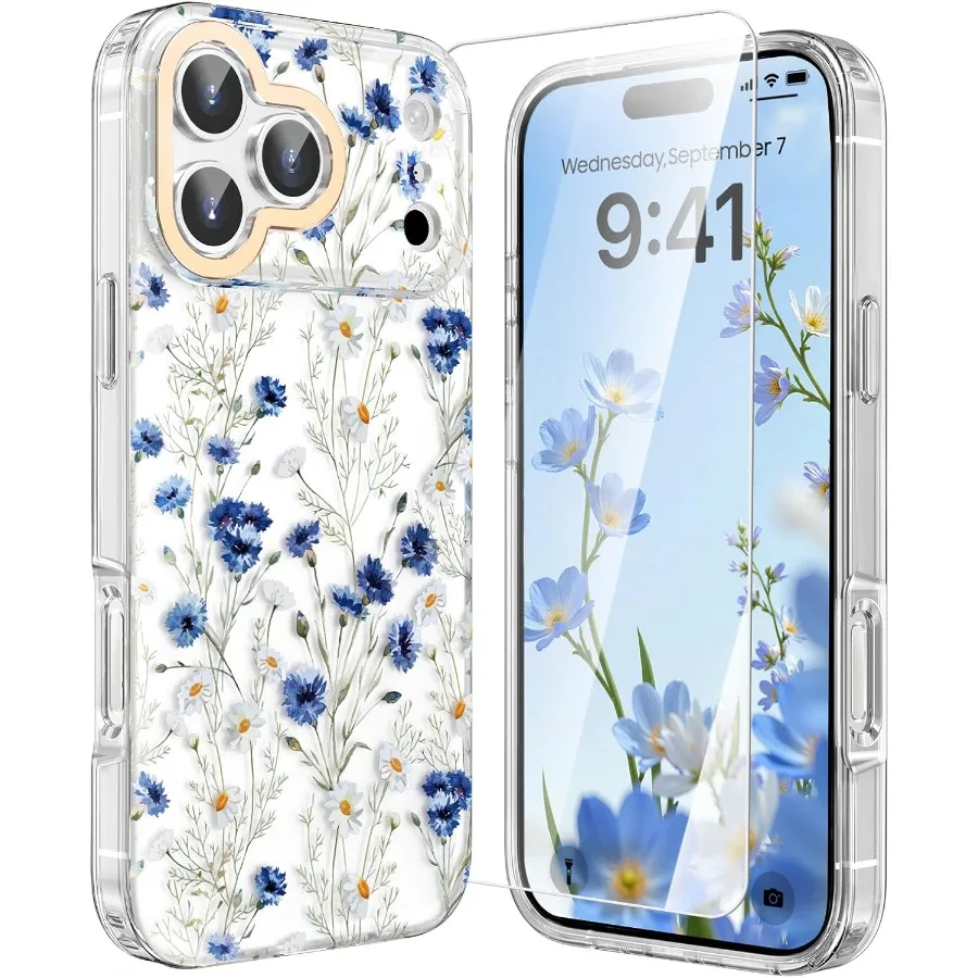 متوافق مع حافظة iPhone 17 Pro Flowers مقاس 6.3 بوصة، تصميم بناتي شفاف لطيف وجميل للنساء والفتيات الأنيقات #1