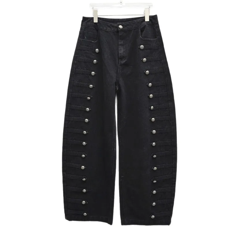 American Style New Spring Autumn Straight Women Denim Pants All-match Multi Row Buckle Floor-length Vintage Female Casual Jeans