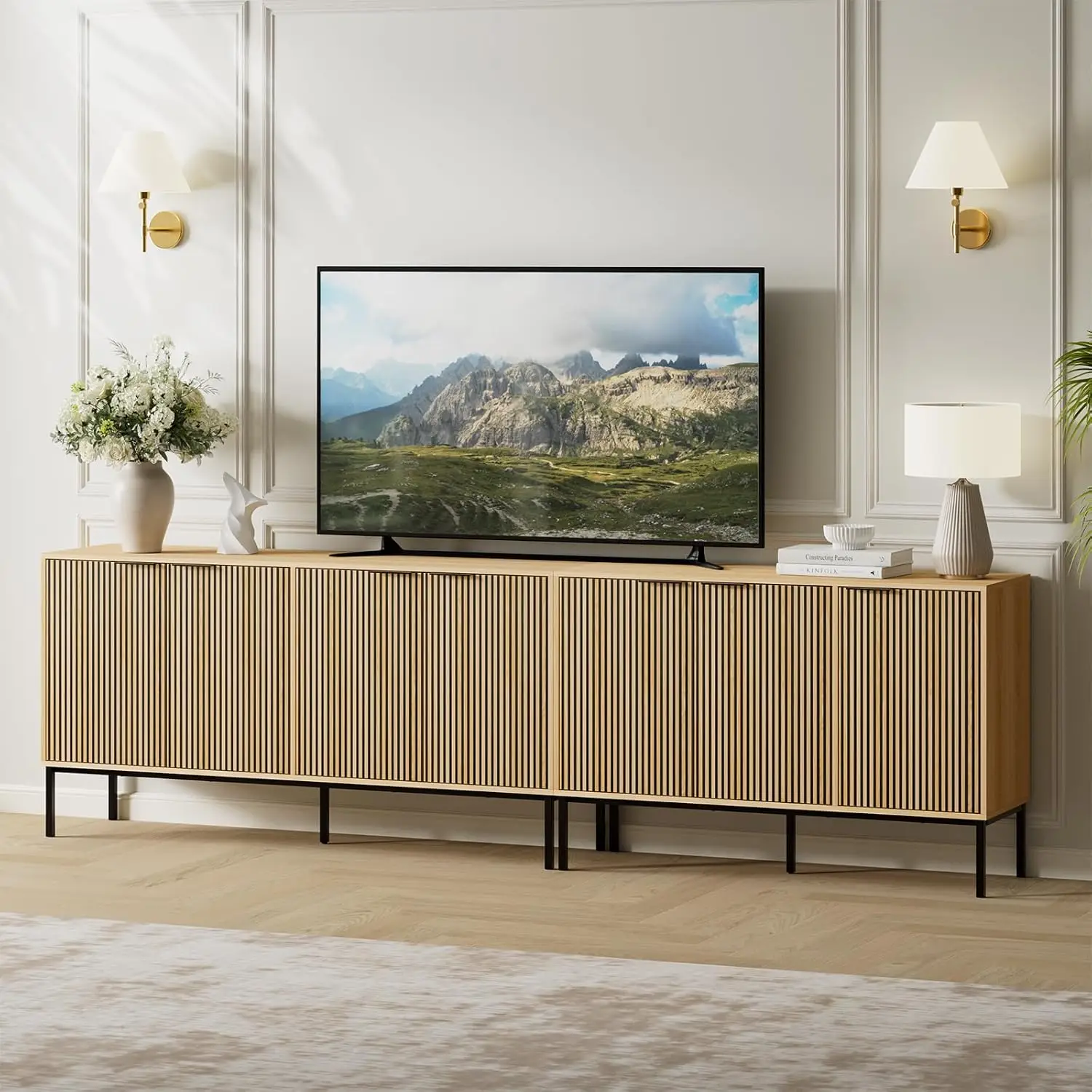 Modern TV Stand Entertainment Center Storage Cabinets Adjustable Shelves Metal Legs Wood Media Cabinet Natural Wood, Customized