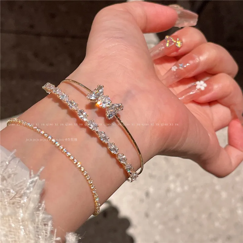 

CC романтические браслеты-манжеты 14K позолоченный лук-искусственный двухслойный белый циркониевый Открытый браслет элегантная повседневная одежда подарки J858