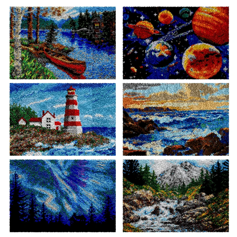 landscape crochet сетка для сумки latch hook kit plastic mesh for bag stitch 러그 lake forest sea starry sky Rug cross stitch kit