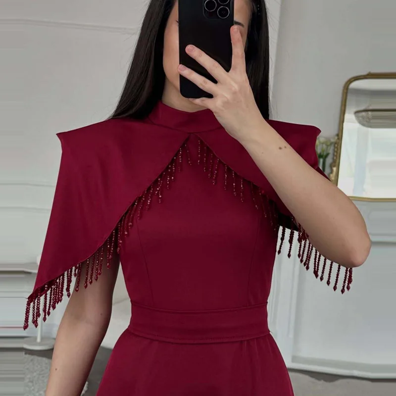 Elegante hooggesloten feestjurk met sjaalmouwen Damesmode Kwastje Splicing Avondjurk Casual taille Slanke effen plooi Rode jurk