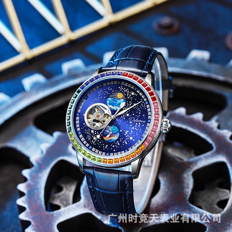 Stainless alloy Wandering Planet Series Skeleton Moonphase Luminous Waterproof Self-Wind Automatic Exquisite watch for Men
