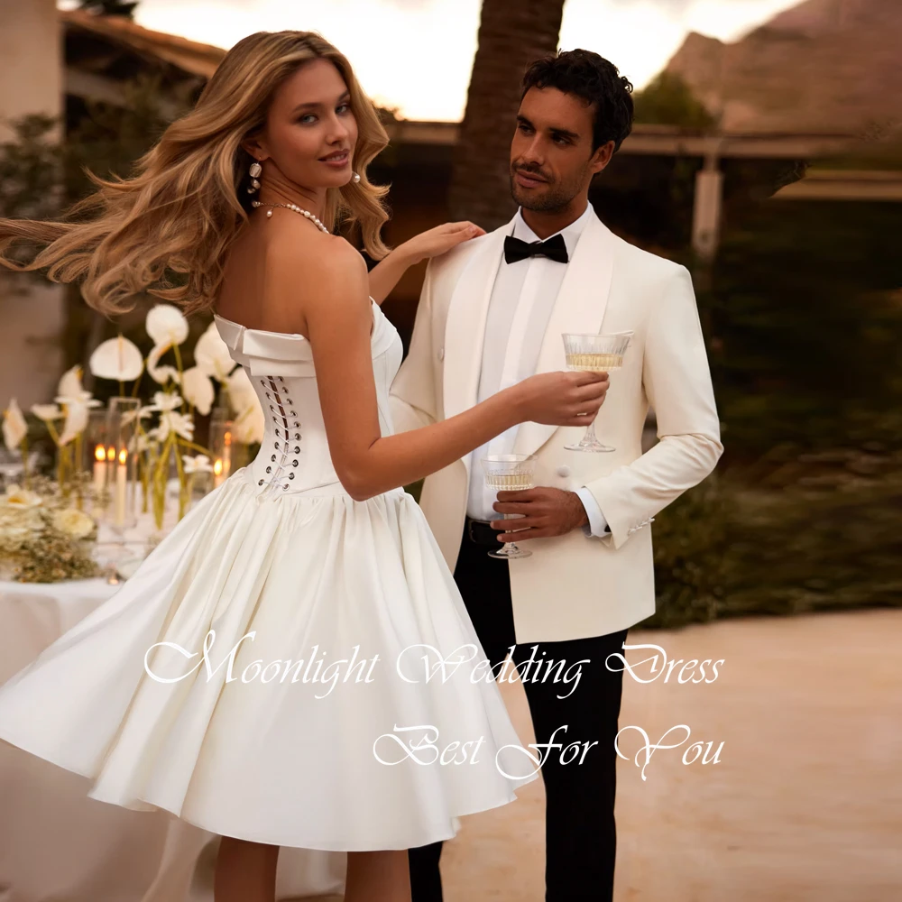 فستان زفاف عصري قصير على شكل حرف a للنساء 2026 بدون حمالات بدون أكمام مفتوح الظهر من الساتان فستان زفاف Vestidos De Novia مخصص #2