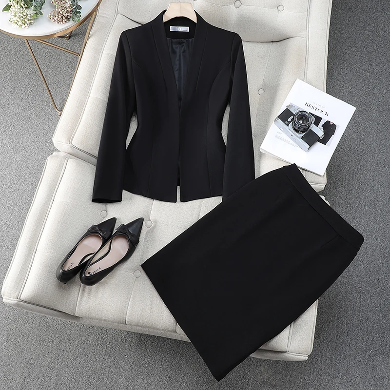 Navu elegante feminino ternos novo outono temperamento com decote em v fino manga longa fino blazer e saia escritório senhoras trabalho wear cáqui