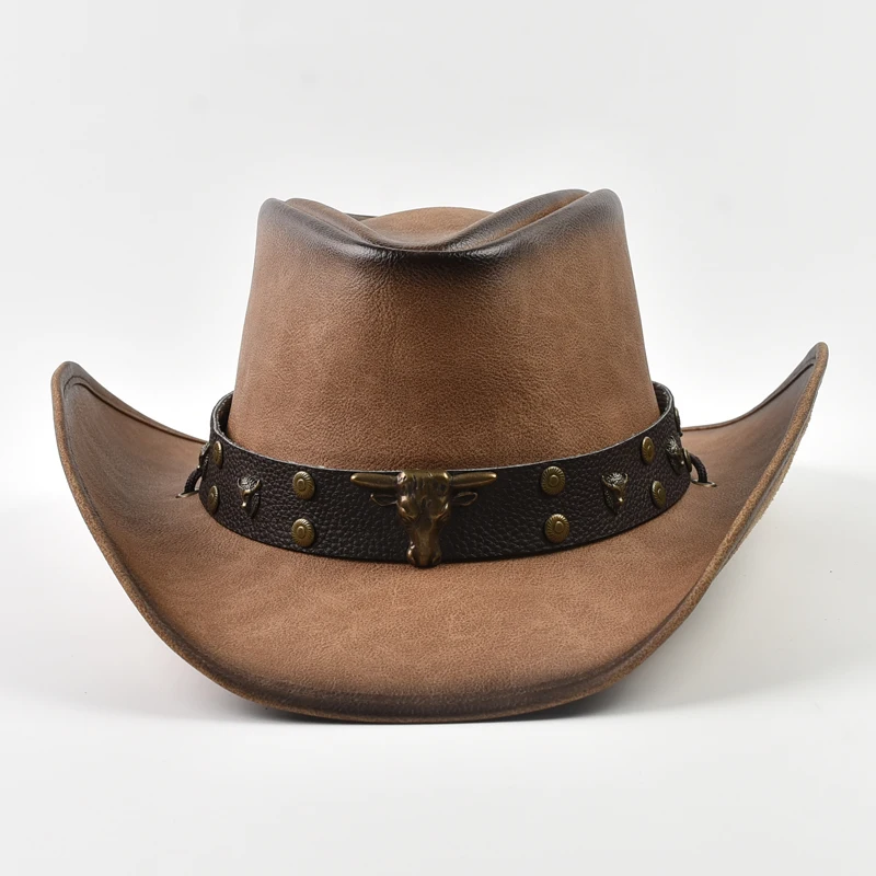 100% Leather Western Cowboy Hat Men Wide Brim Gentleman Church Jazz Cap Cowgirl Hats Sombrero Hombre