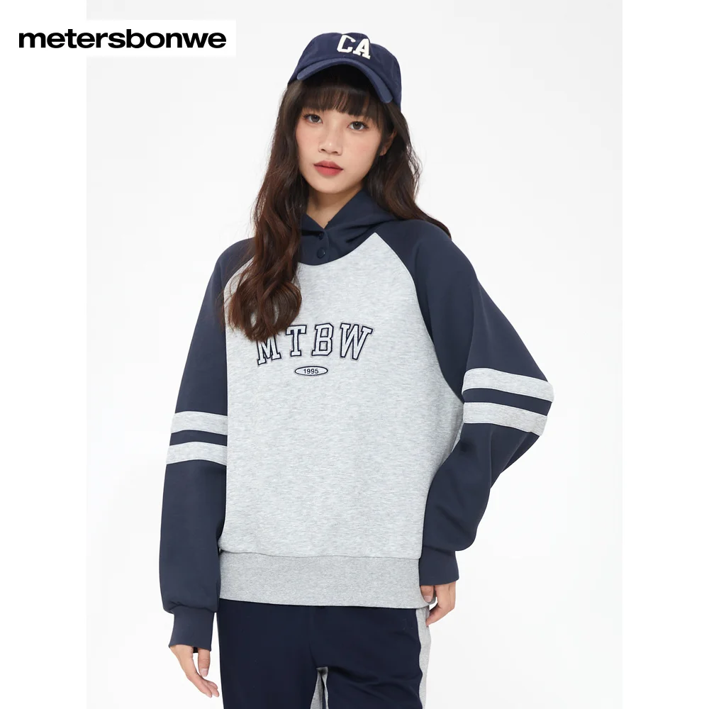 

Metersbonwe-Women's Letter Print Loose Hoodie Color Clash Sweatshirt With Hood Campus College Sports Spring Autumn