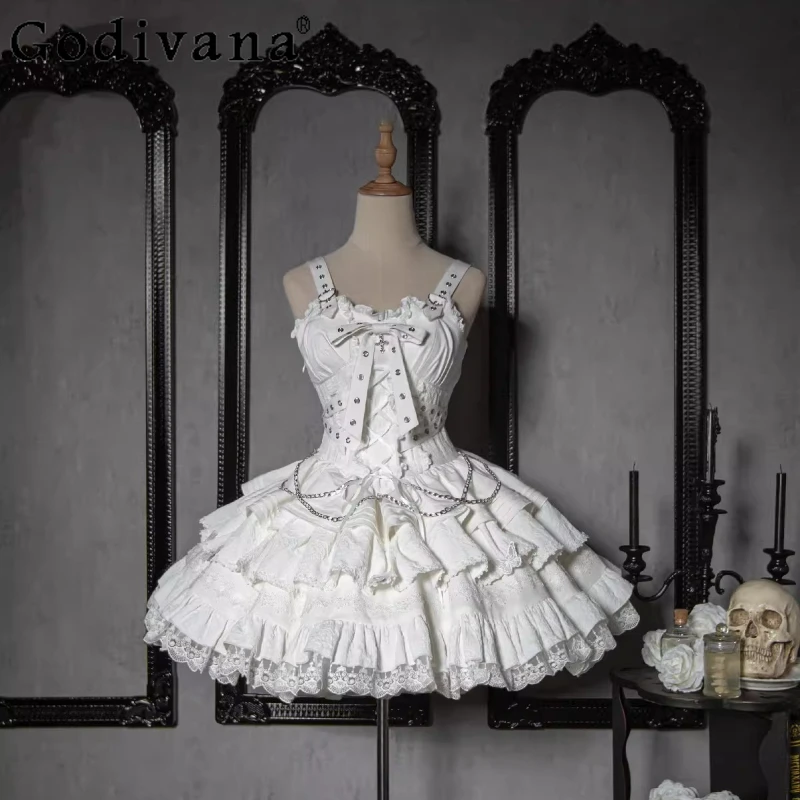 

Lolita Style Gothic White Black JSK Dresses Summer Girls Sweet Cool Slim Fit Mini Dress Y2K Cosplay Dress Waistcoat Set Women
