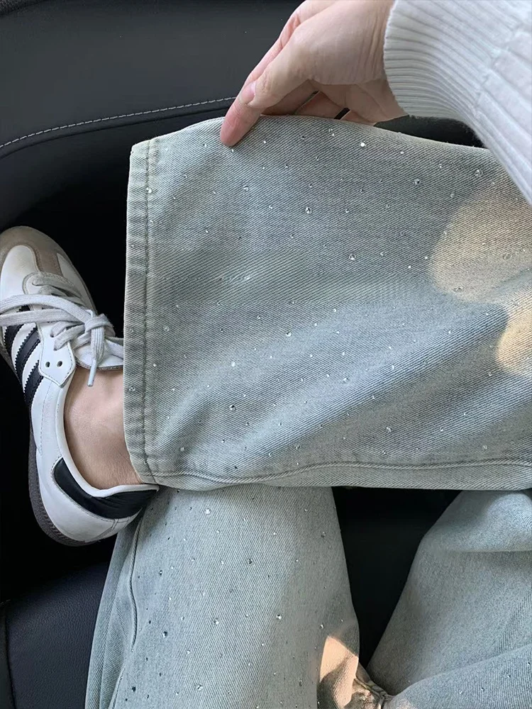 التخسيس الضوء الأزرق مستقيم الساق الجينز المرأة عالية الخصر الماس مزين عارضة تناسب السراويل فضفاضة الطابق طول