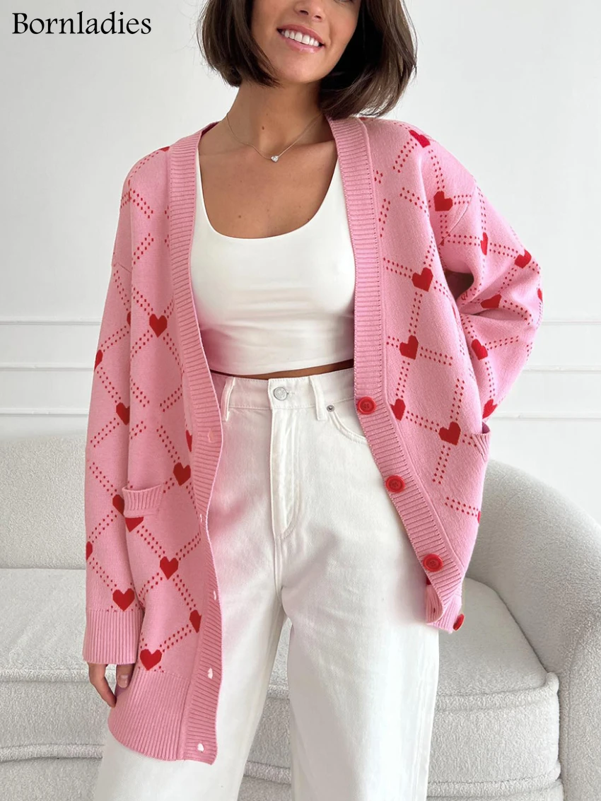 Bornladies Women Pink Hearts Print Oversize Cardigan Soft V-neck Thiick Knitted Jacket Winter Button Vintage Cardigan for Women