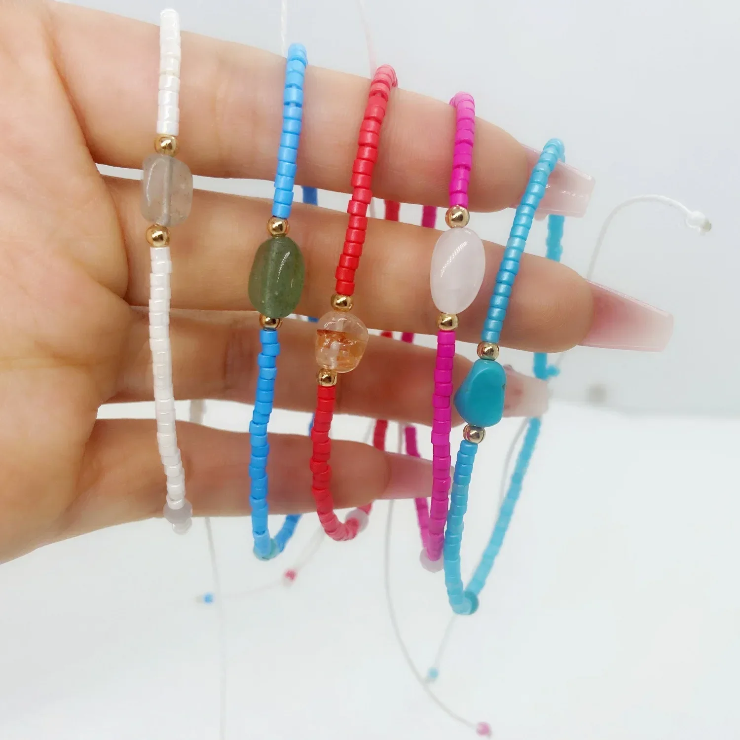 Boho style candy color Rule glass rice beads natural stone hand woven ladies draw bracelet birthday gift