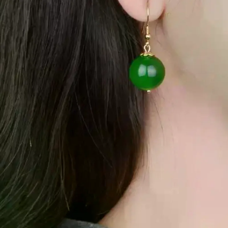 Lightweight Green Chalcedony Dangle Earrings Gold Plated Hooks Glossy Polished Round Beads for Office Ladies