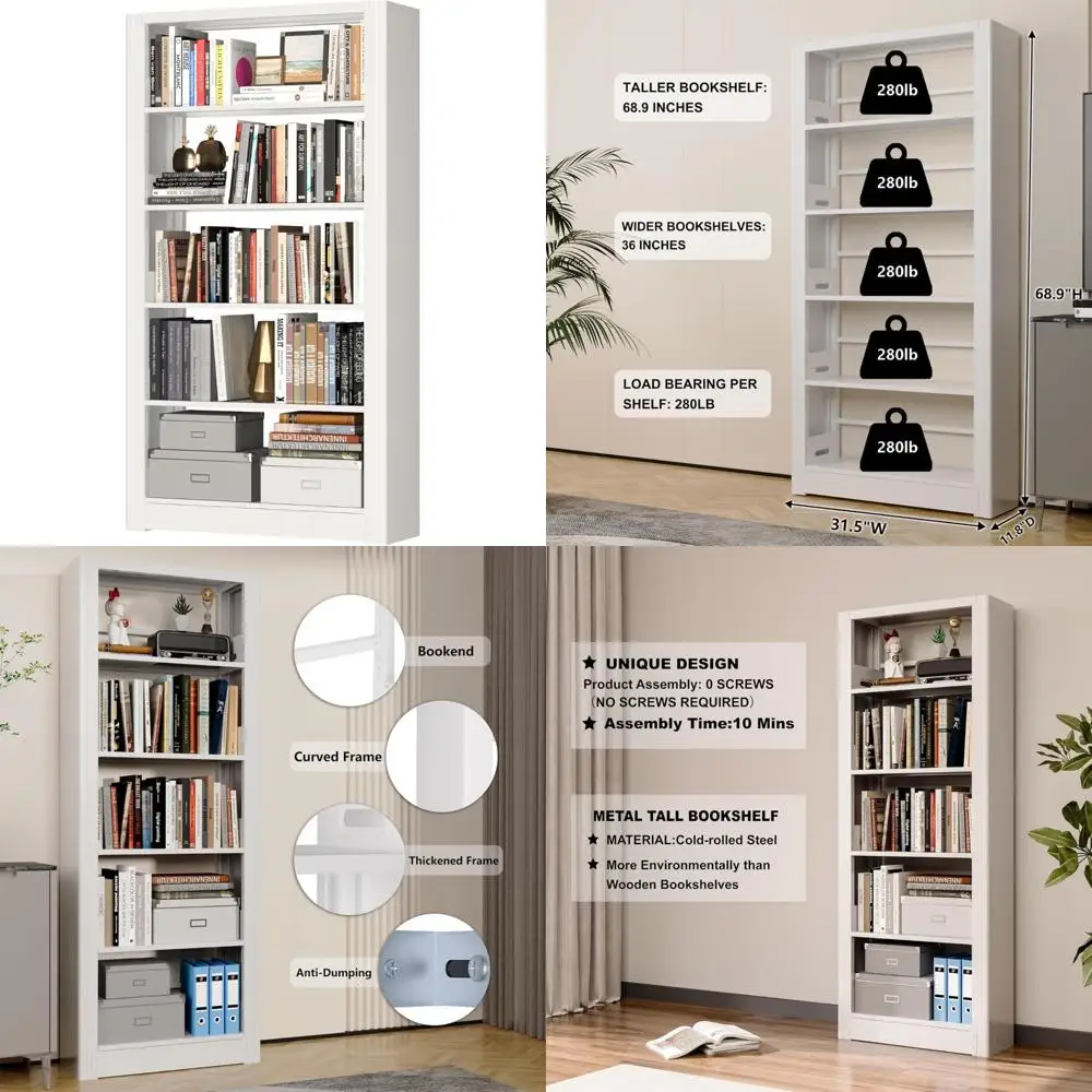 رف كتب طويل من المعدن الأبيض مكون من 5 طبقات لتخزين المكاتب - منظم قائم بذاته مع مساحة واسعة للرفوف