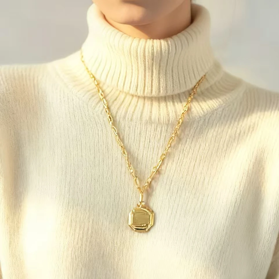 

18K Gold Plated Copper Solid Octagon Pendant, Double-Sided Heavy Industry Luxury Sweater Chain Holiday Gift for Women