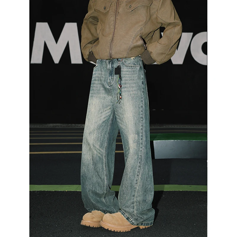 

American Sle Vintage Waed Loose Wide Leg Men's Jeans Spring Autumn Cleanfit Straight Cut Trousers Durable Cotton Polyeste...