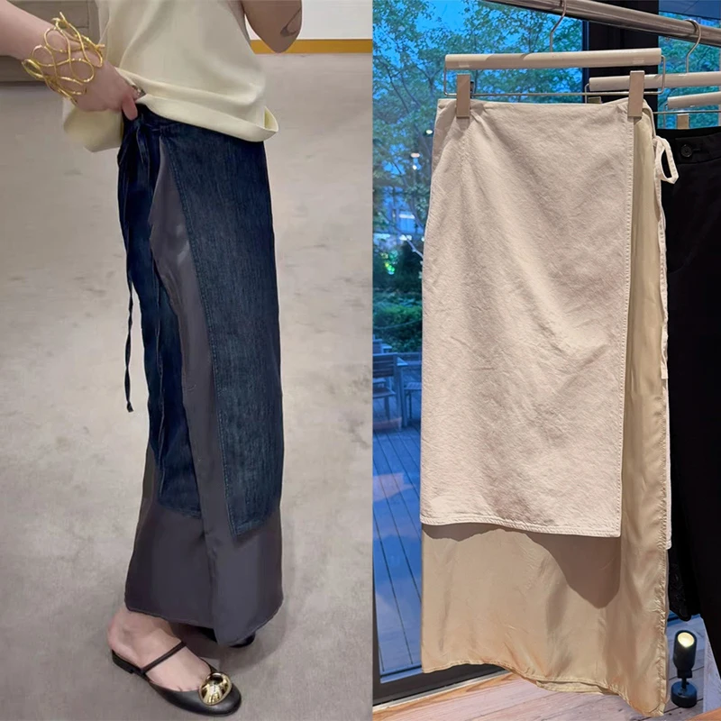 

Длинная джинсовая юбка во французском стиле, женская юбка с высокой талией и поясом, весенне-осенняя сезонная модная тенденция