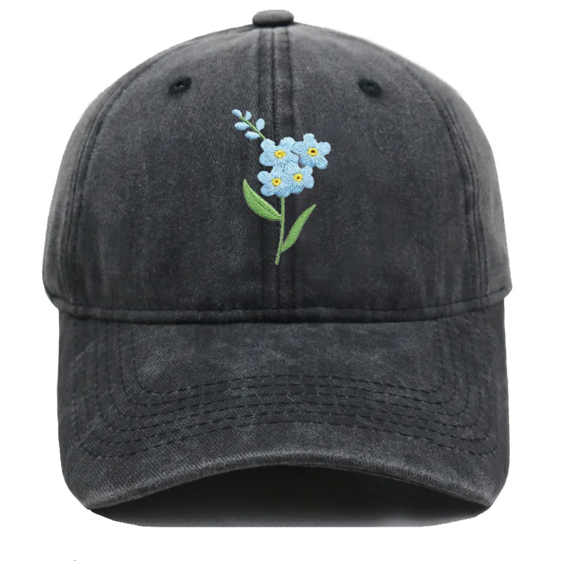 Vintage Washed Forget Me Not Flower Embroidery Baseball Cap Unisex Adjustable Curved Brim Dad Hat Floral Casual Outdoor Sun Hat