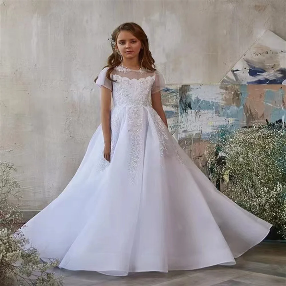 

Flower Girl Dresses for Weddings White Tulle Lace Cute Beading Princess Kids Appliques Evening Party First Communion Ball Gowns