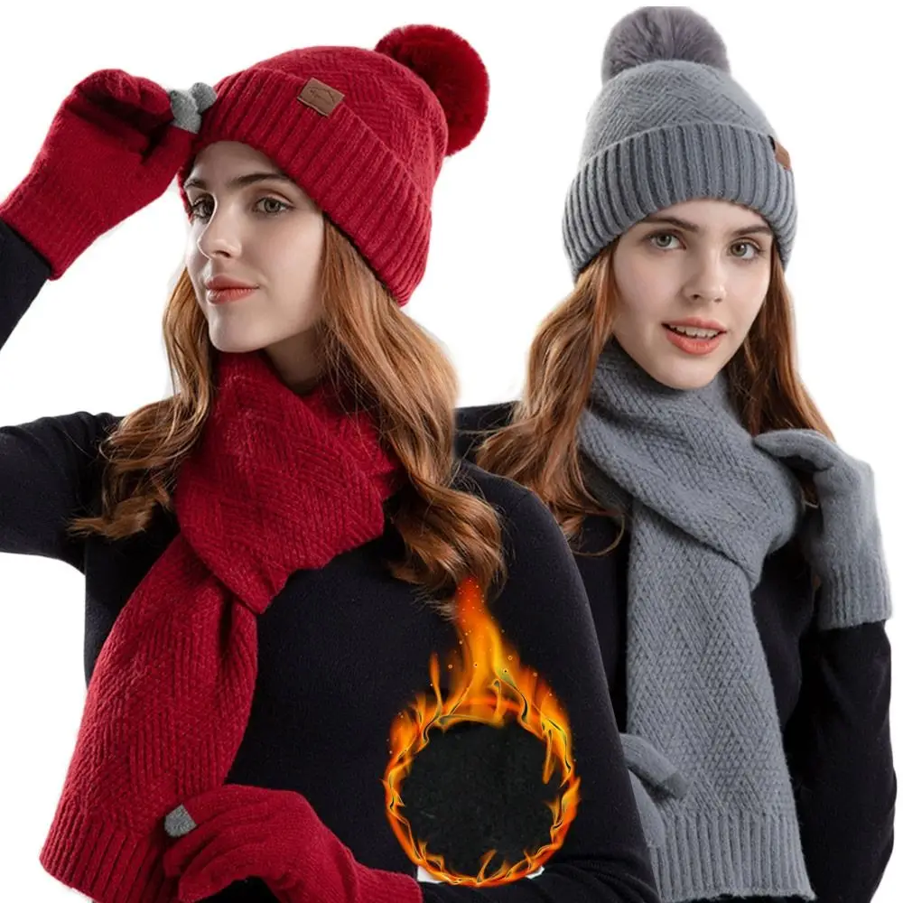 3Pcs/Set Winter Touchscreen Knitted Hat Neck Protection Warm Scarf Gloves Set Windproof Outdoor Beanies Hat Men Women