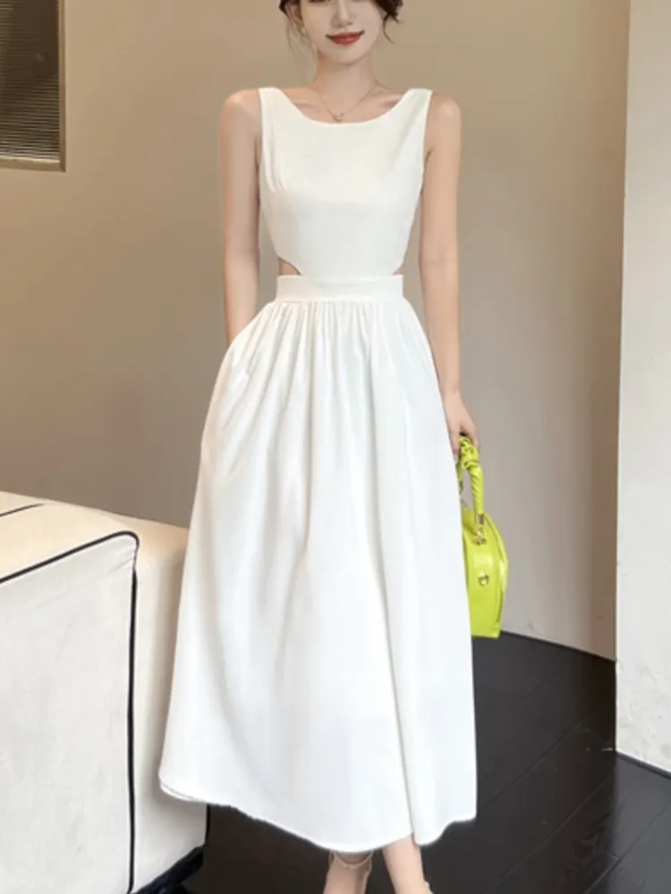 

Elegant Hollow Out Womens Dresses French Sleeveless Evening Party Midi Dress Summer Solid A-Line Casual Vestidos Female Outfits