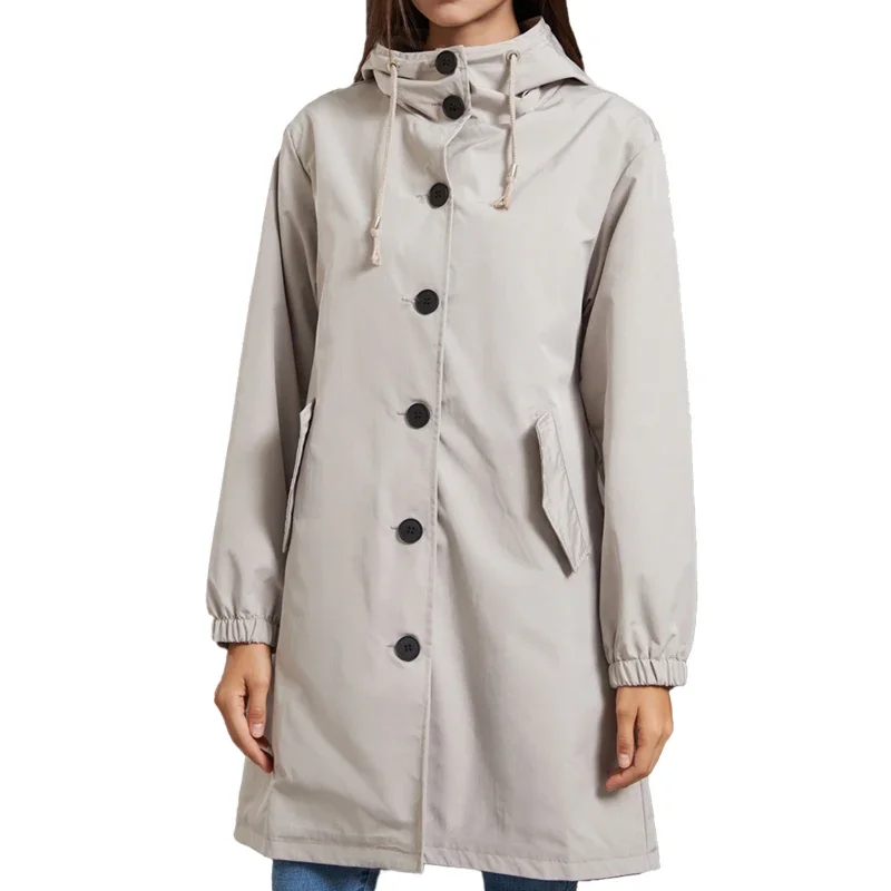 

Hooded Women Windbreaker Long Trench Coat Solid Color Pocket Casual Long Outwear Fashion Windbreaker