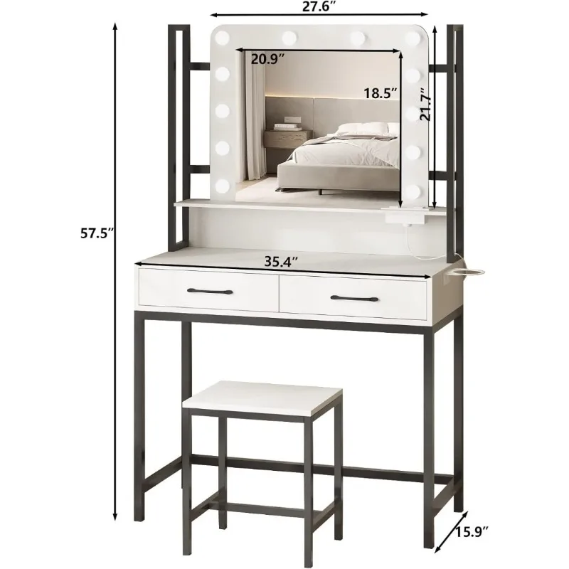 Makeup Vanity Table with Lighted Mirror & Power Outlet,2 Drawer,35" Makeup Desk Dressing Table,3 Lighting Modes