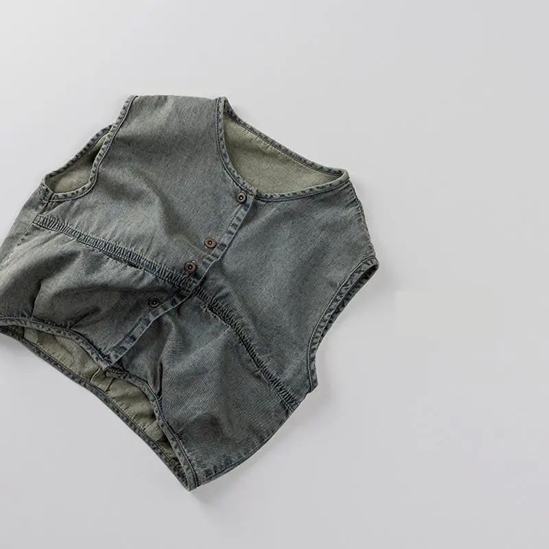 

2025 Summer New Children Sleeveless Coat Boys Thin Denim Vest Vintage Distress Girls Cardigan Kids Fashion Casual Vest Jacket