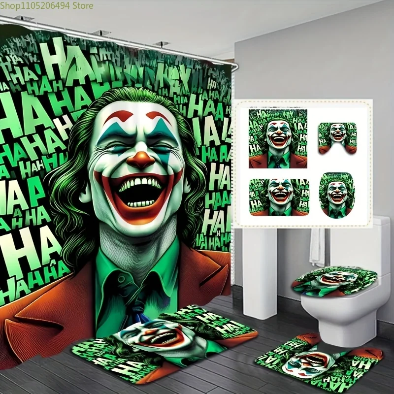

4pcs Warner Bros, Authorized, Joker Movie Comic Theme Pattern Polyester Shower Curtain Sets with 12 Hooks, Bathroom Floor Mats