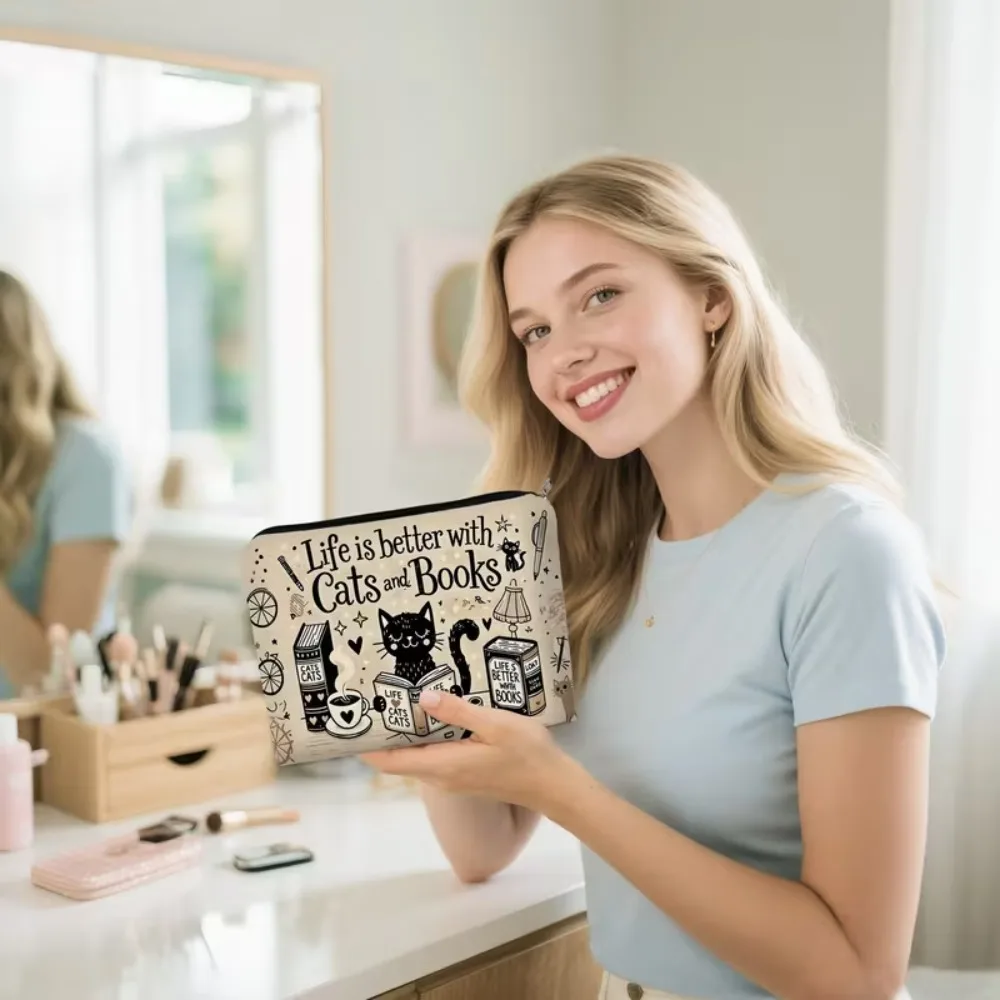 Cute Cat Reading Books Canvas Zipper Makeup Pouch Life Better with Cats & Books Portable Cosmetic Bag Gift for Cat Lovers