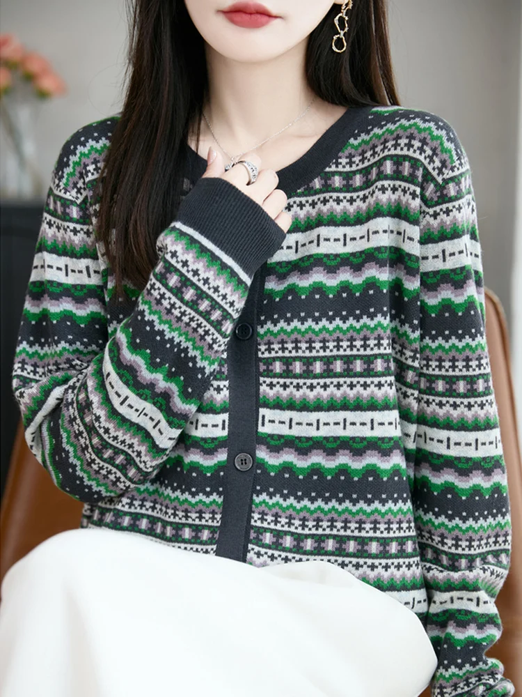 2025 New Vintage Knitted Floral Sweater Coat Women's Loose ort Base irt Casual Sle Soft Geometric Pattern Long Sve