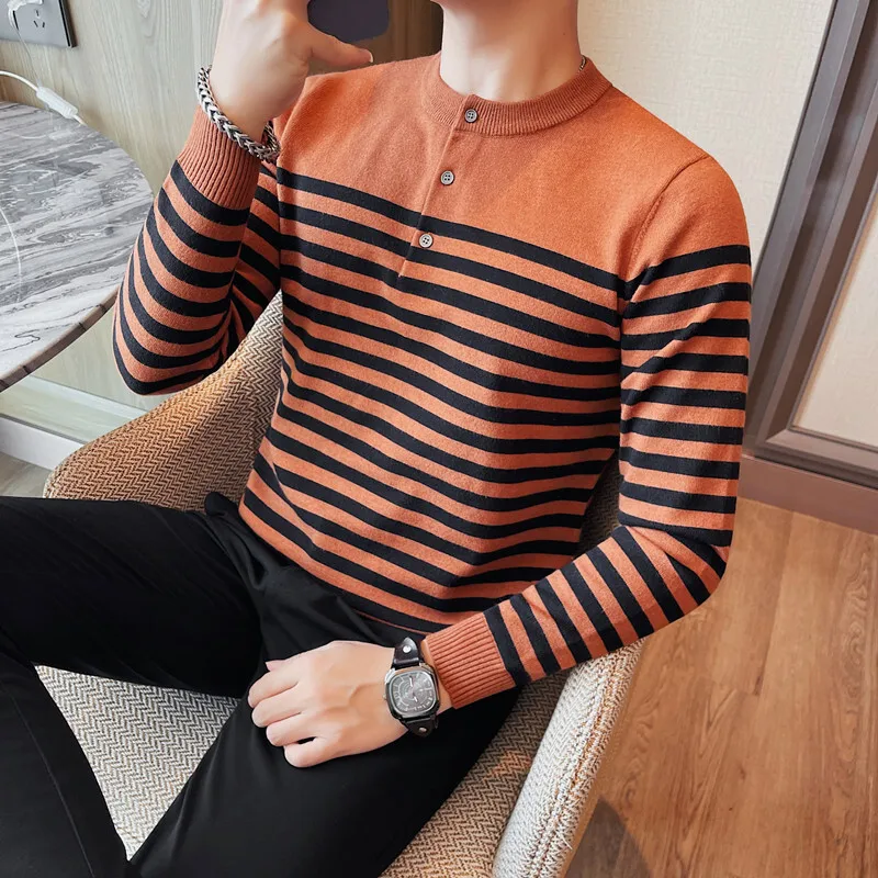 2023 Autumn/Winter Men's Sweater Long Sleeve Round Neck Button Stripe Knitted Youth British Fashion Slim Fit Sweater Underlay