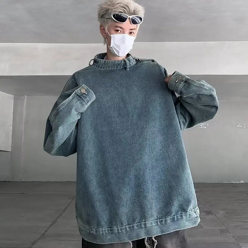 Fall Denim Men Long Sleeves Stand T Shirts Teenager Korean Fashion Casual High Street Punk Loose Clothes Campus Home Daily Date