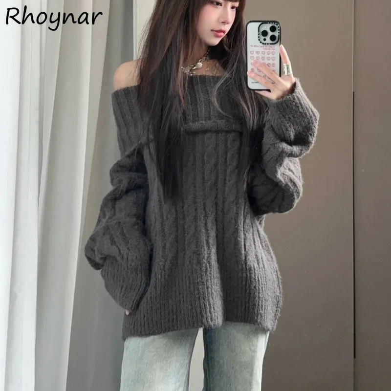 Pullovers Women Thickening Slash Neck Off Shoulder Solid Simple All-match Casual Sexy Spicy Girls Knitted Sweater Ulzzang Unique