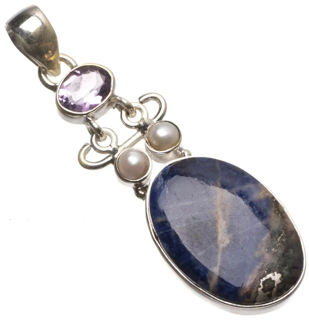 

Navy Sodalite,River Pearl and Amethyst Handmade Vintage 925 Sterling Silver Pendant 2 1/4" T2390