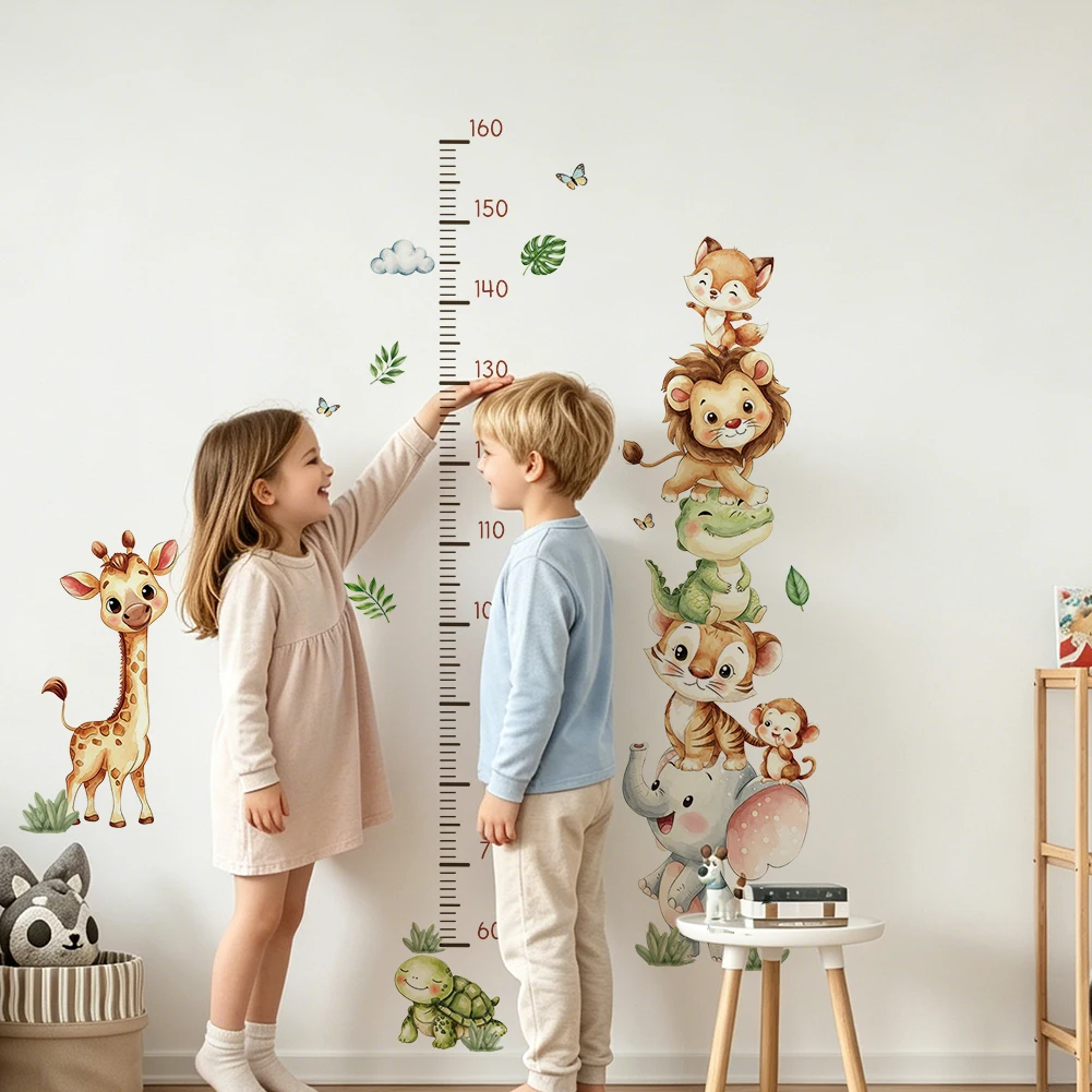 Watercolor Jungle Animals Height Growth Chart Wall Sticker Nursery Measuring Ruler Decal Decor