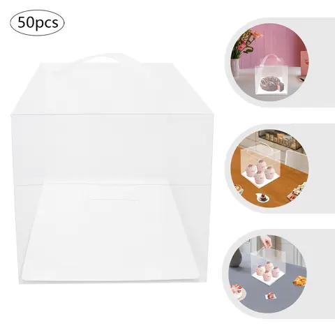 50 Pcs Clear PET Cake Boxes,4 in 13x13x13cm Assembly Required Square Cake Boxes with Handle for Placing Cakes,Desserts