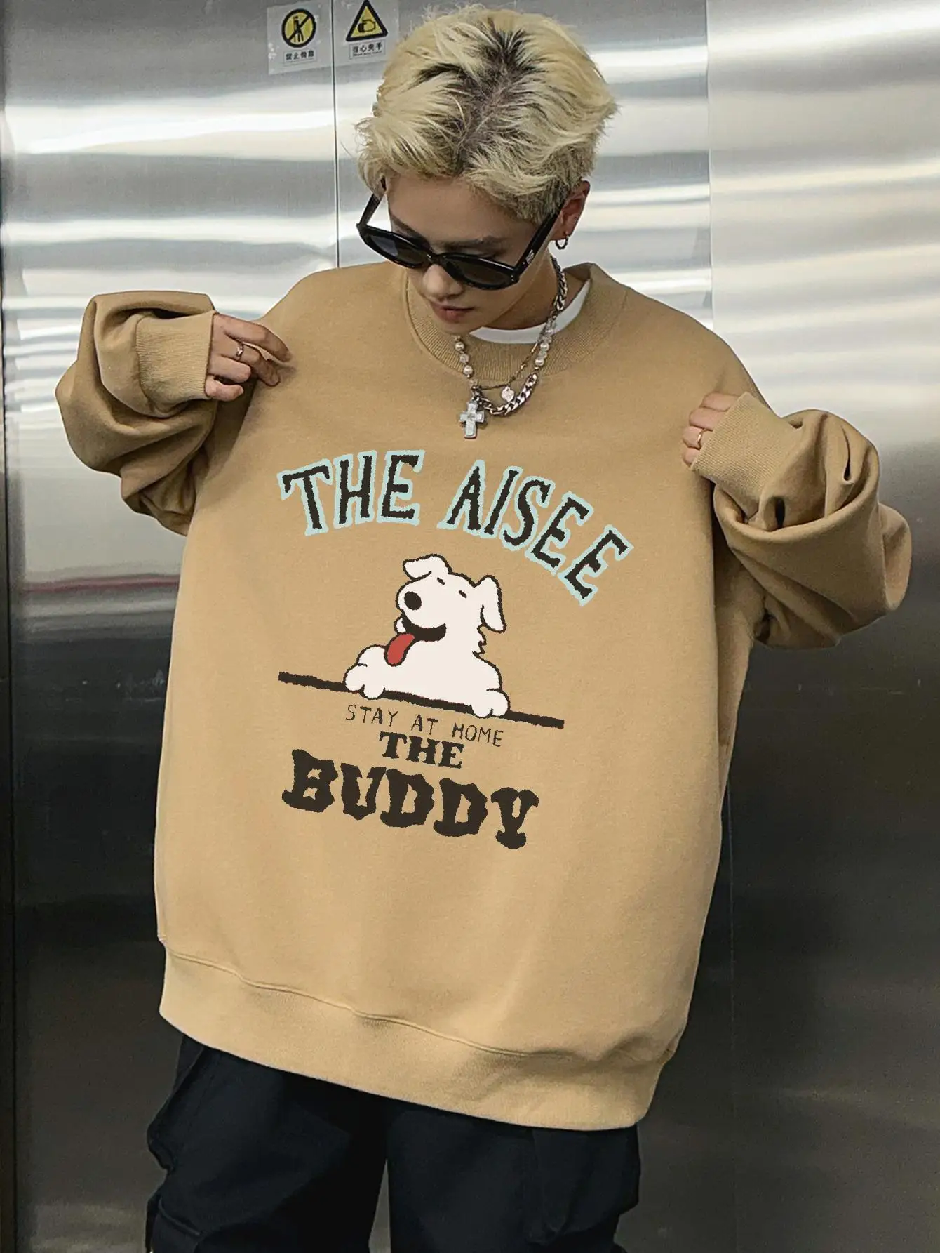 Kpop Fashion Oversize Men Sweatshirts Y2k Drop Shoulder Autumn Clothing Hoodies Crew Neck Male High Quality Pullovers Cute Puppy