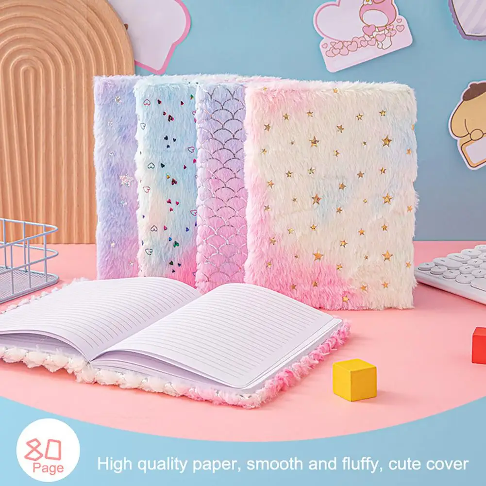 Gradient Color Notebook Plush Rainbow Heart Pattern Girls Diary with Lock A5 Secret Journal for Writing Drawing for Kids