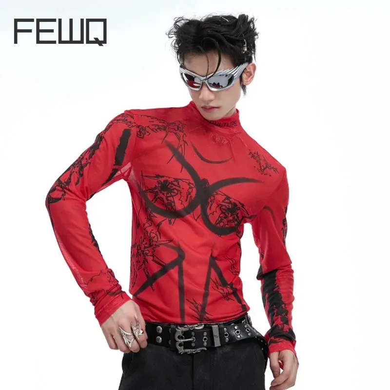 FEWQ High Street Print Long Sleeved Tshirt Long Design High Neck New Fashion Contrast Color Male Tops Undershirt 24E1283