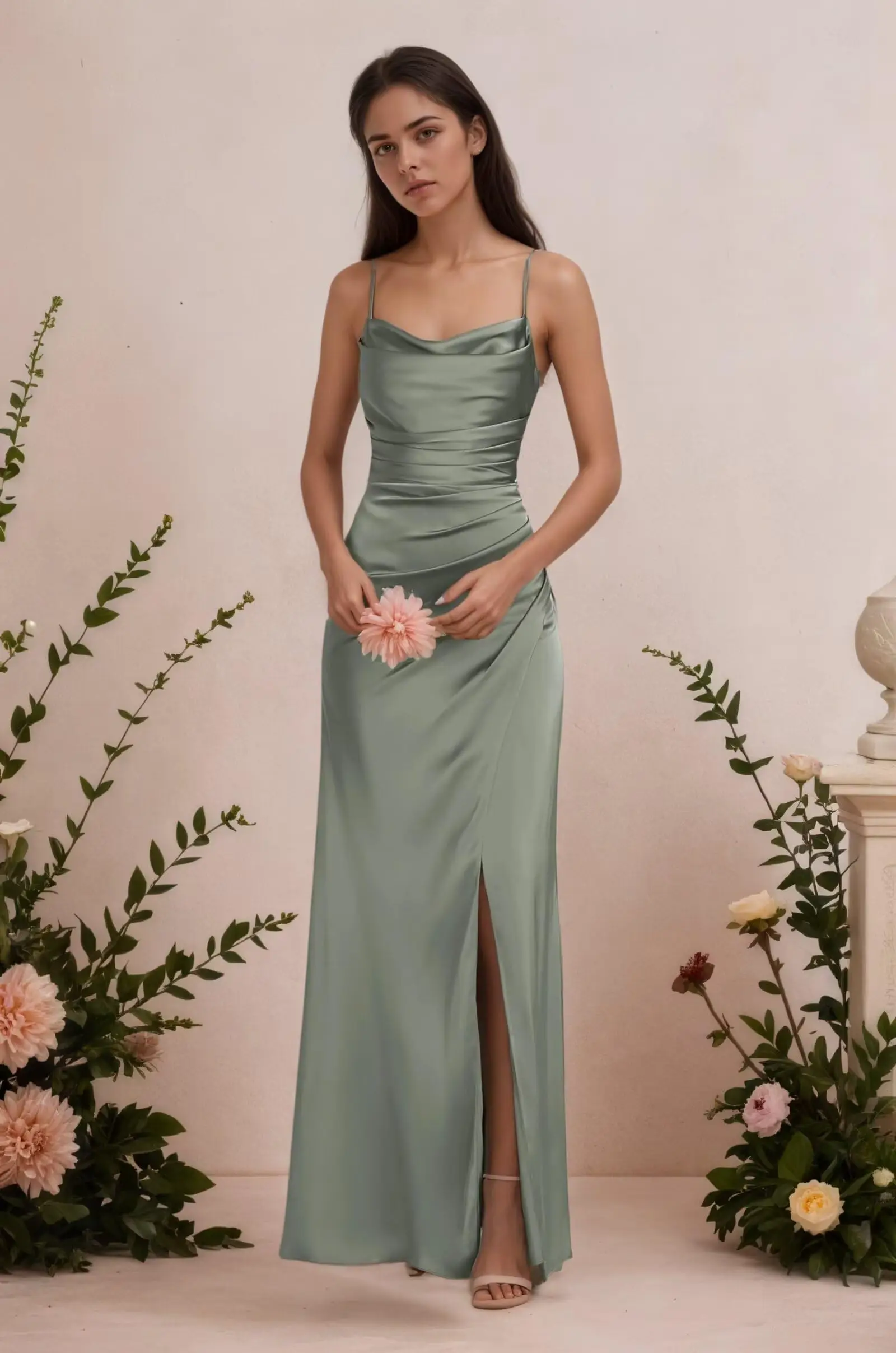

Spaghetti Straps Bridesmaid Dresses with Slit Long Pleated Satin Mermaid Formal Evening Dresses for Women
