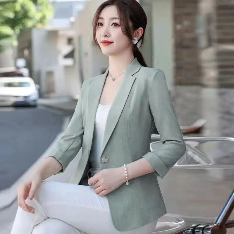 Notched Button Skinny Temperament Solid Color Formal Office Lady Fashionable Blazers Three Quarter Sleeve Women\'s Clothing Thin