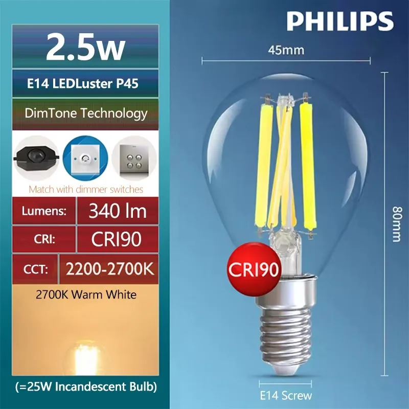 PHILIPS Master LED Luster E14 Filament Lamps 2.5W(=25W) P45 Clear Golf Bulbs 220-240V DimTone Dimmable Warm White Indoor Light