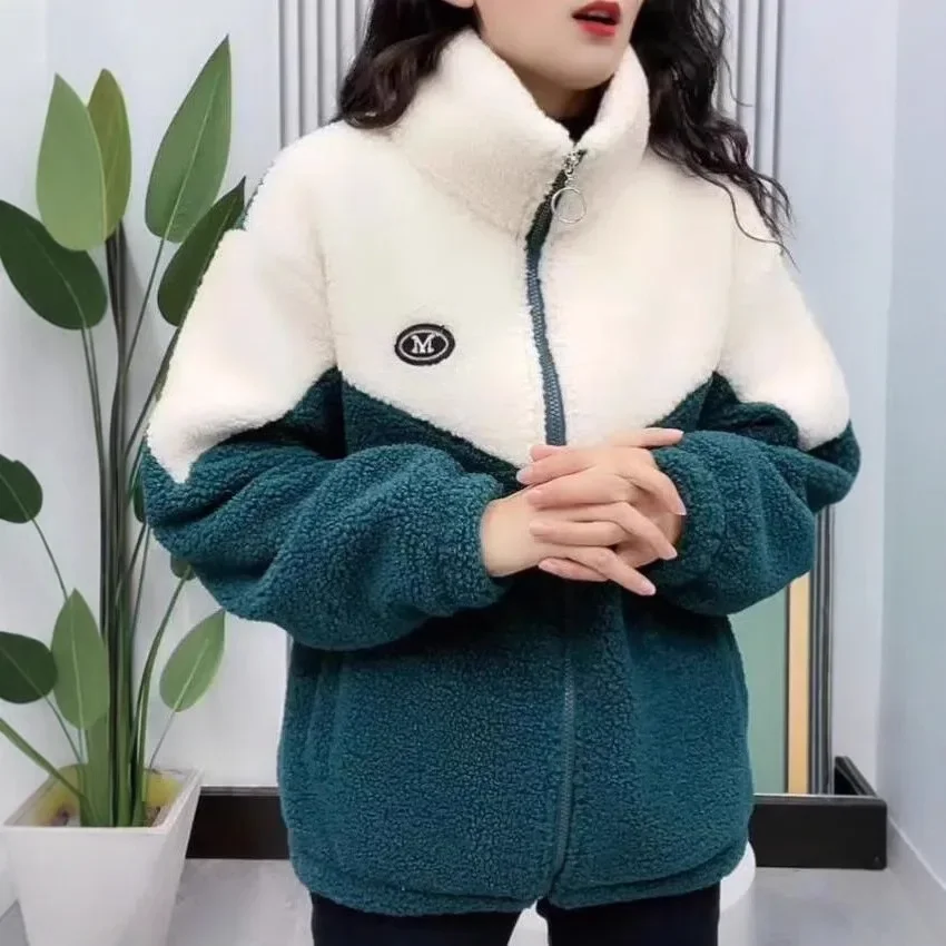 الكورية نمط فضفاض سميكة المرقعة سترة قطن الخريف الشتاء المرأة موضة طالب لامب المخملية معطف ملابس خارجية غير رسمية #5