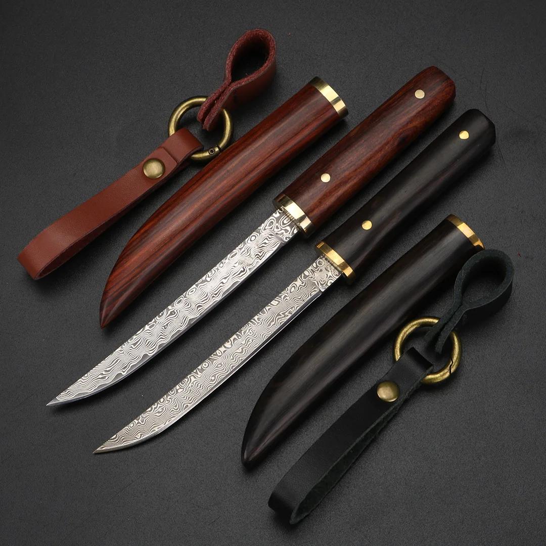 Outdoor fixed blade Damascus high hardness outdoor hunting knife camping survival tool wooden scabbard