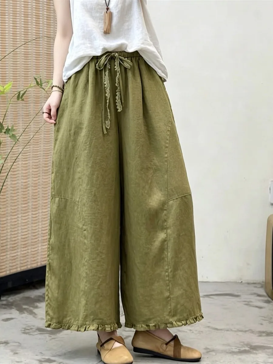 Loose Lace Wide Leg Pants Women's Elastic Waist Casual Straight Tube Pants Nine Points High Waist Simple Style Linen Material