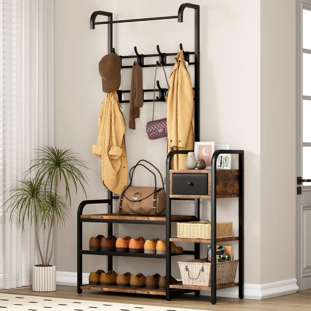 

Hall Tree Shoe Bench, 5-in-1 Hall Tree Storage Bench for Entryway, 8 Sturdy Hooks, Industrial Entryway Bench with Storage