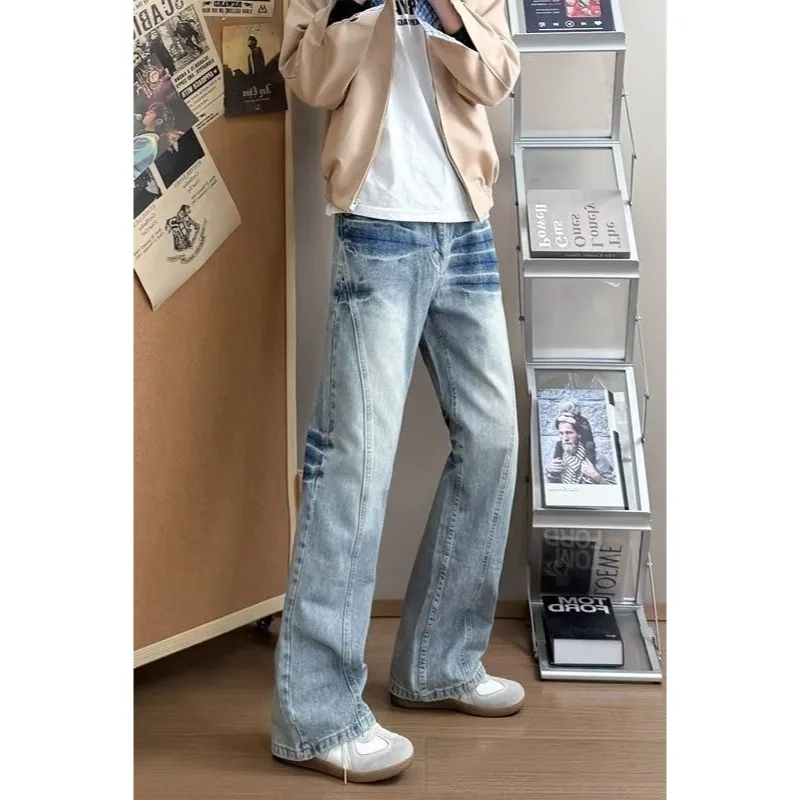Men's Lightning Pattern Denim Jeans High Street Style Spring Blue Loose Fit Flared Pants Y2K Korean Fashion Tall Size